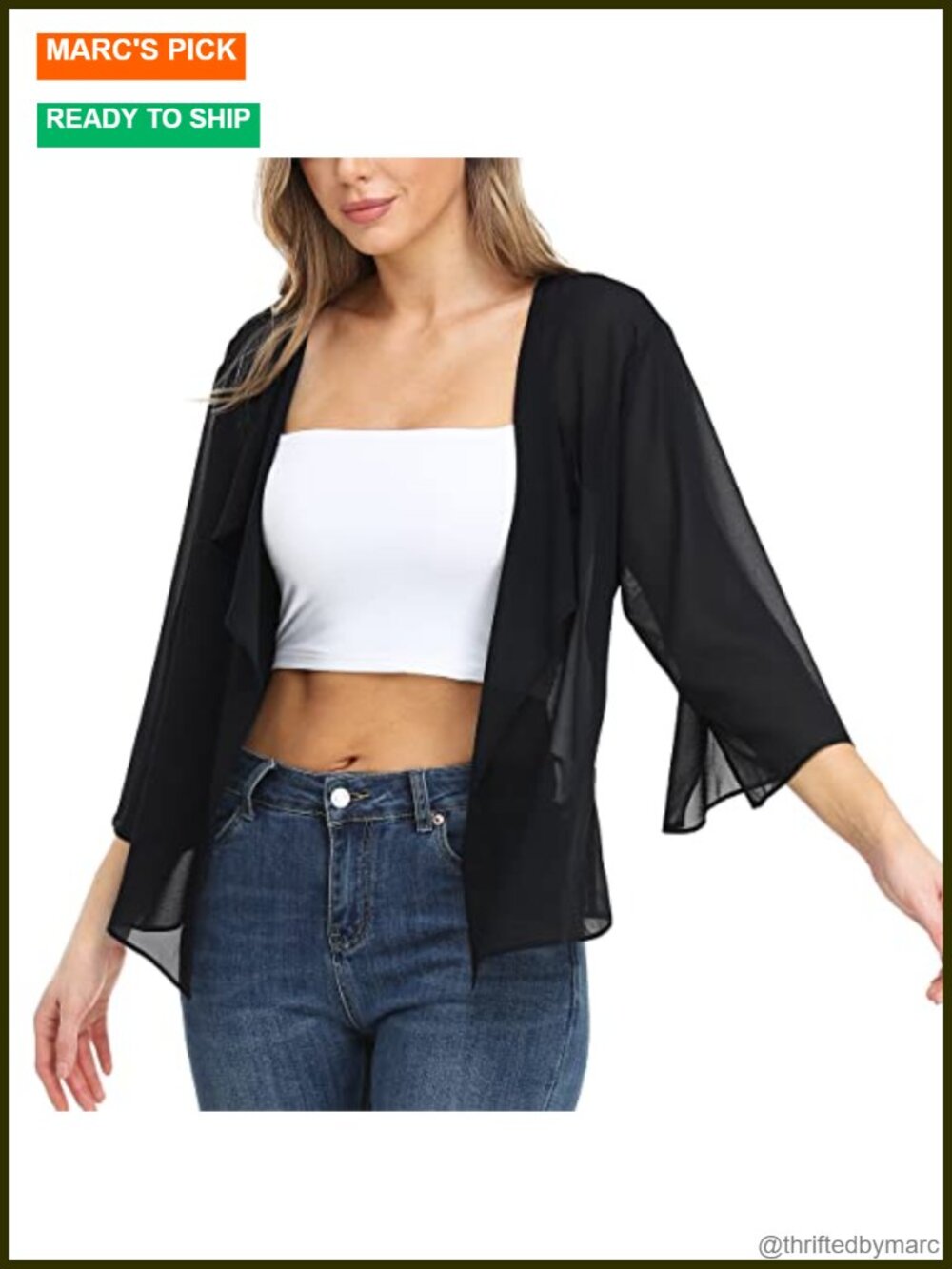 MISS MOLY Women's Chiffon Sheer Bolero Shrug Open Front 3/4 Sleeve Kimono Cover